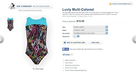 Screenshot of K-Bee Leotards Product Detail Page showing Webcam Social Shopper for Web Software Integration