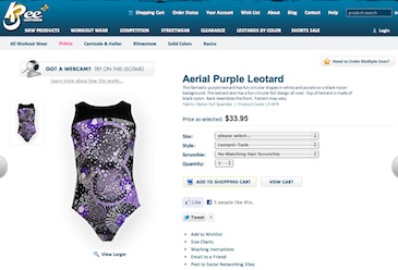 Thumbnail Screenshot of K-Bee Leotards Product Detail Page showing Webcam Social Shopper for Web Software Integration